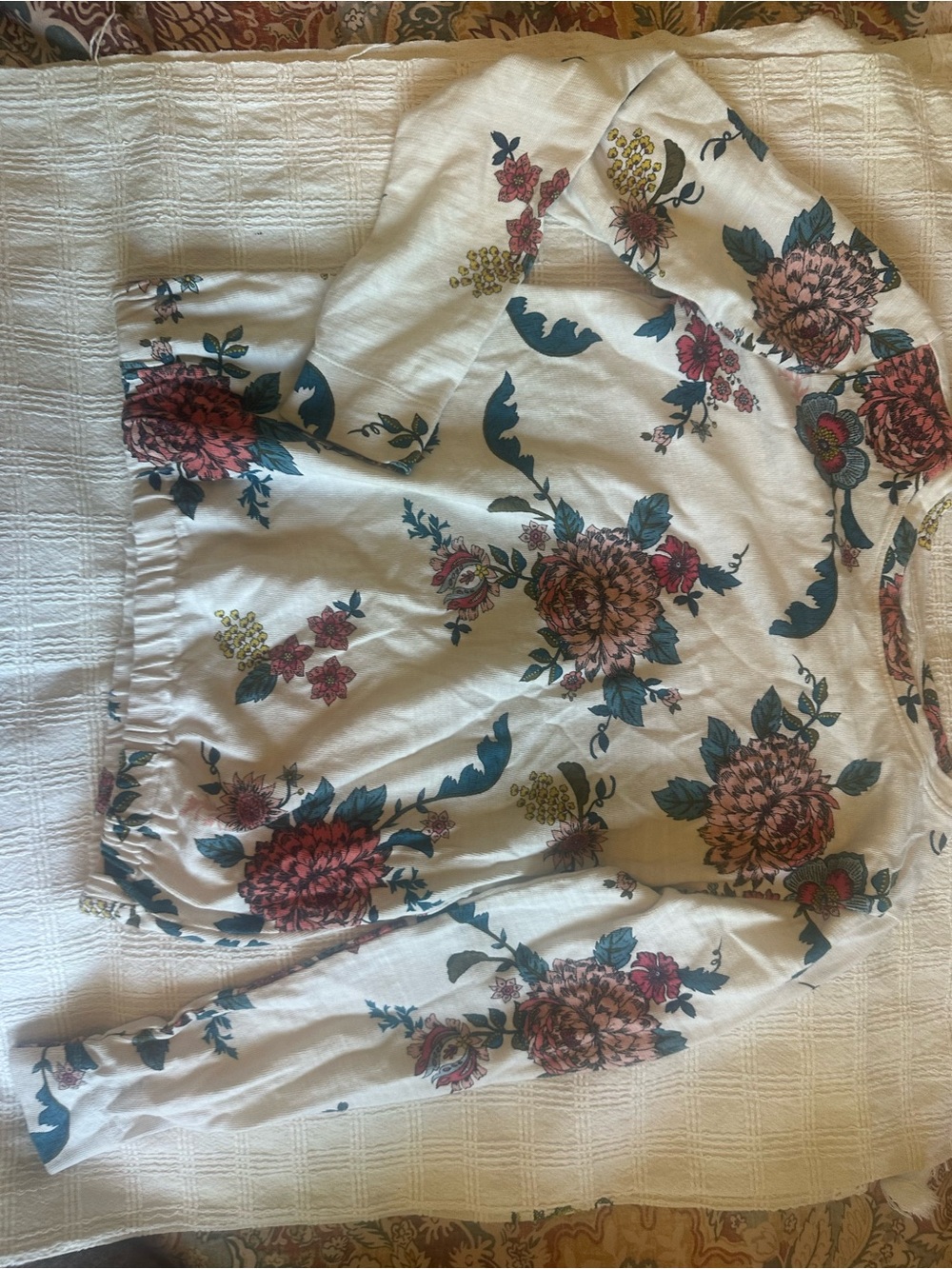 LOFT Cream Floral Pocket Tee with Teal and Dusty Rose Print